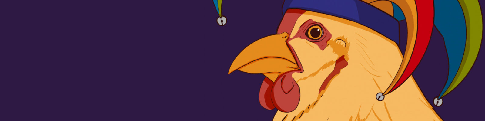 Illustration of a chicken wearing a jester hat