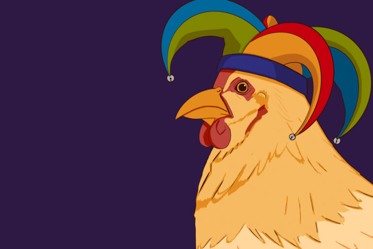 Illustration of a chicken wearing a jester hat